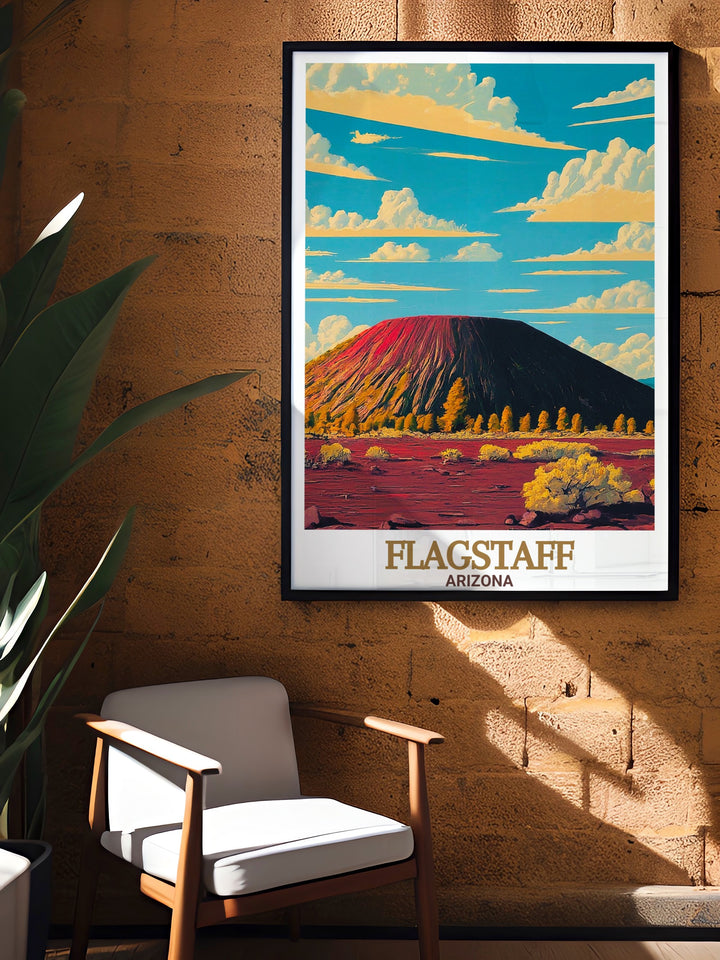 Flagstaff Arizona art print features the dynamic landscape of Sunset Crater, with its blackened lava fields and vibrant desert flora. This travel poster makes a thoughtful gift for adventure lovers and anyone drawn to the unique beauty of the Southwest.