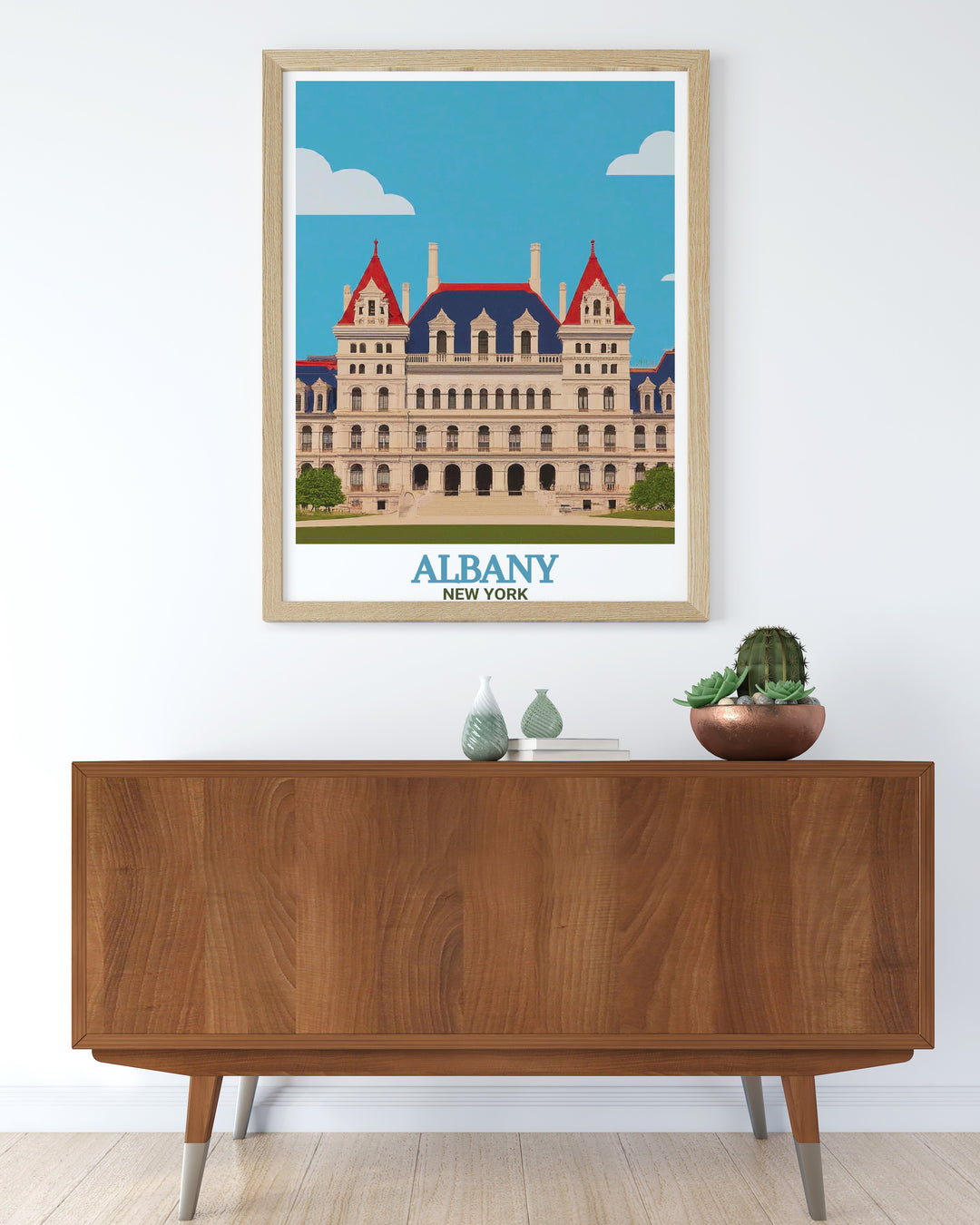 Vibrant New York State Capitol poster capturing the architectural grandeur and cultural significance of Albany making it a perfect addition to any collection of New York State prints and art collectibles suitable for modern and vintage decor styles.
