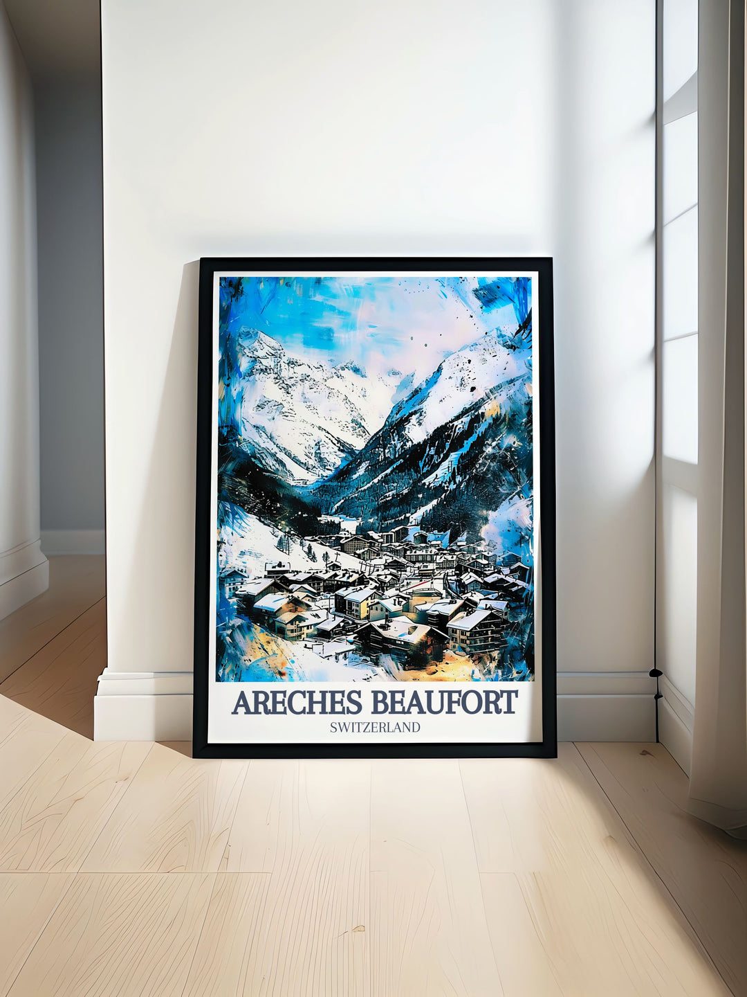 Areches Beaufort Ski Resort Poster featuring Beaufort Village Grand Mont and the beauty of the French Alps Ideal Ski Resort Print for those who love vintage skiing prints and retro ski posters perfect for adding alpine charm to your living space or gallery wall