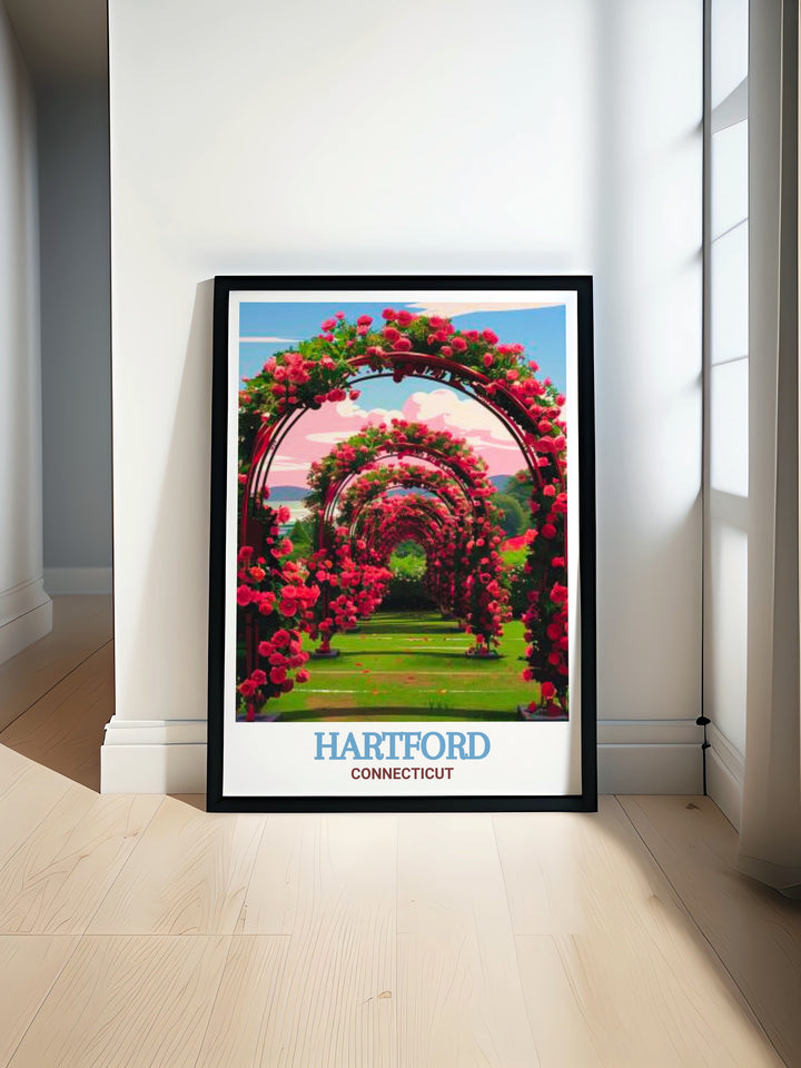 Hartford print featuring a colorful city design with Elizabeth Park stunning prints perfect for adding vibrant fine line art to your home decor. This Hartford travel poster showcases the citys charm and natures beauty in a modern and elegant way.