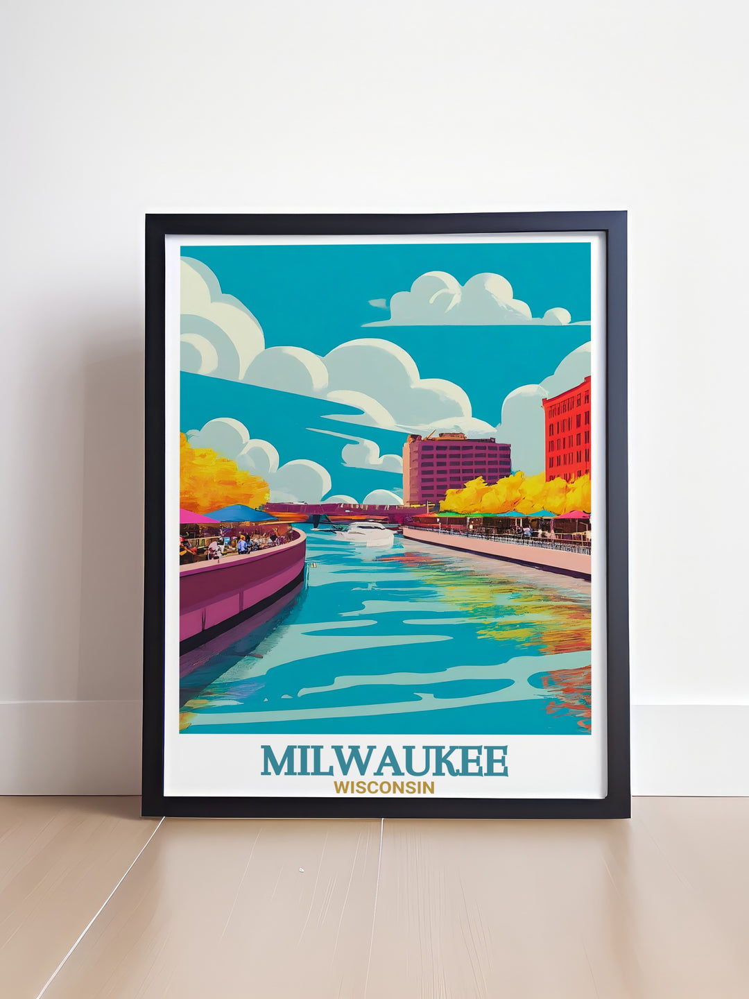 The charm of Milwaukee and the Milwaukee Riverwalk is captured in this detailed wall art. Whether youre a local or a visitor, this print offers a vivid representation of the citys lively streets and peaceful riverfront.