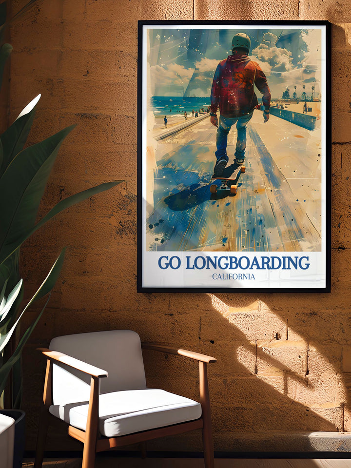 Add a piece of Venice Beach to your home with this Retro Skating Gift that showcases longboarding at Muscle Beach. With its nostalgic vibe and bold design, this poster is perfect for skaters and fans of Californias iconic beach scene.