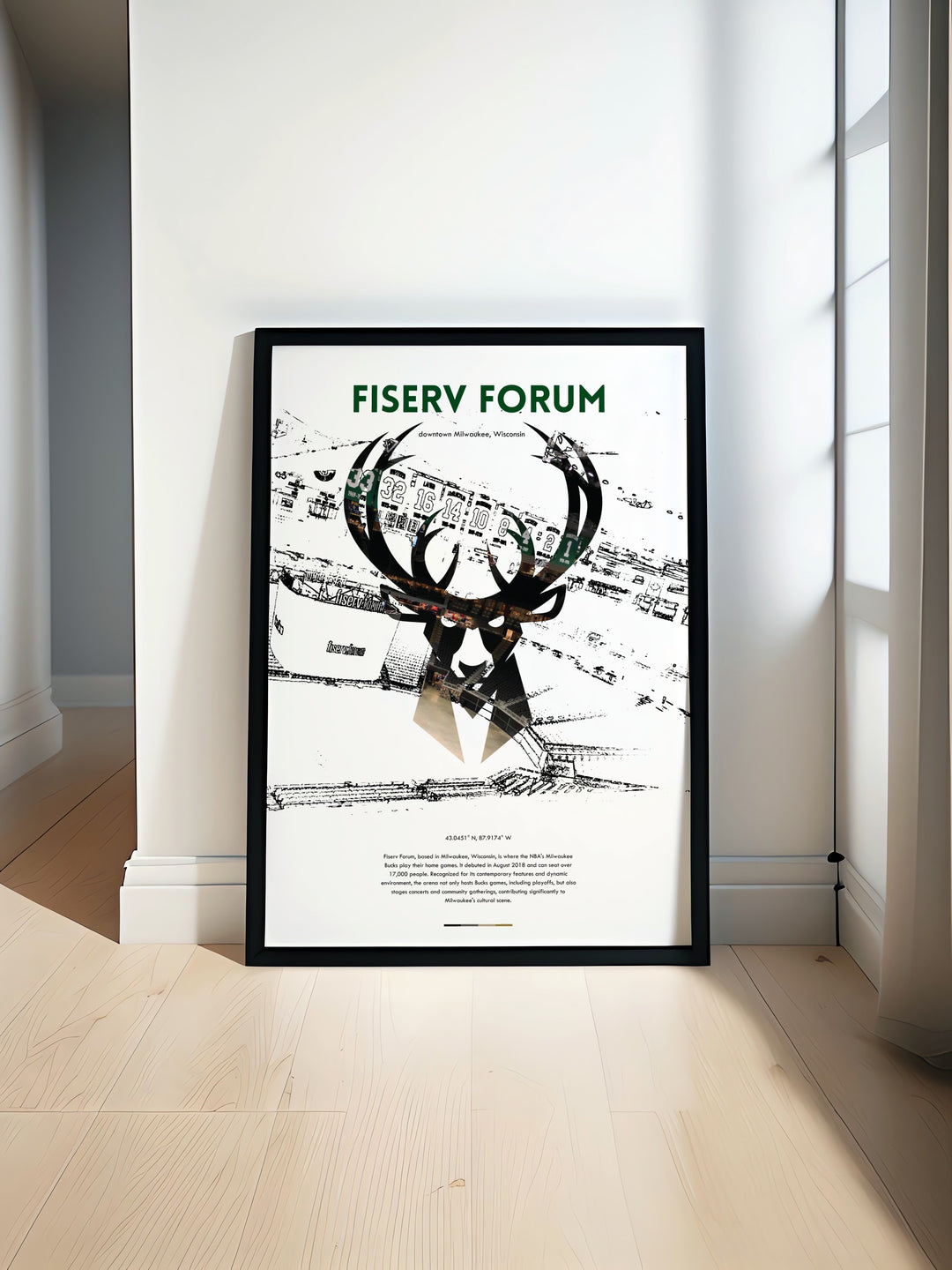 Fiserv Forum Travel Poster featuring Milwaukee Bucks stars including Giannis Antetokounmpo Brook Lopez and Pat Connaughton makes the perfect addition to your sports decor and a great gift for boys basketball lovers or as dorm room decor