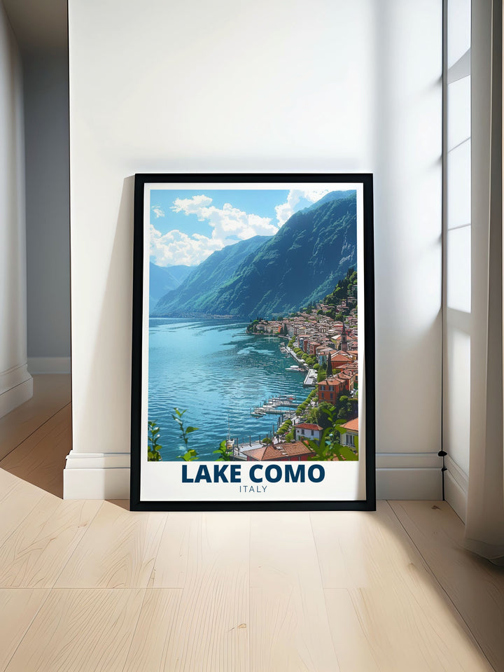 Lake Como Print featuring the serene Lake Como waterfront with Menaggio in the background perfect for traveler gifts and modern home decor