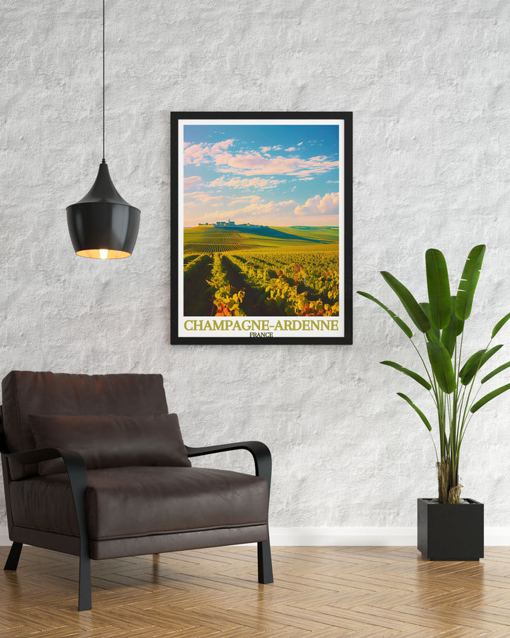 Captivating Montagne de Reims artwork depicting the serene countryside of Champagne Ardenne. Ideal for modern art collections, this France travel print adds a touch of French charm to any room, making it a perfect gift for travel enthusiasts.