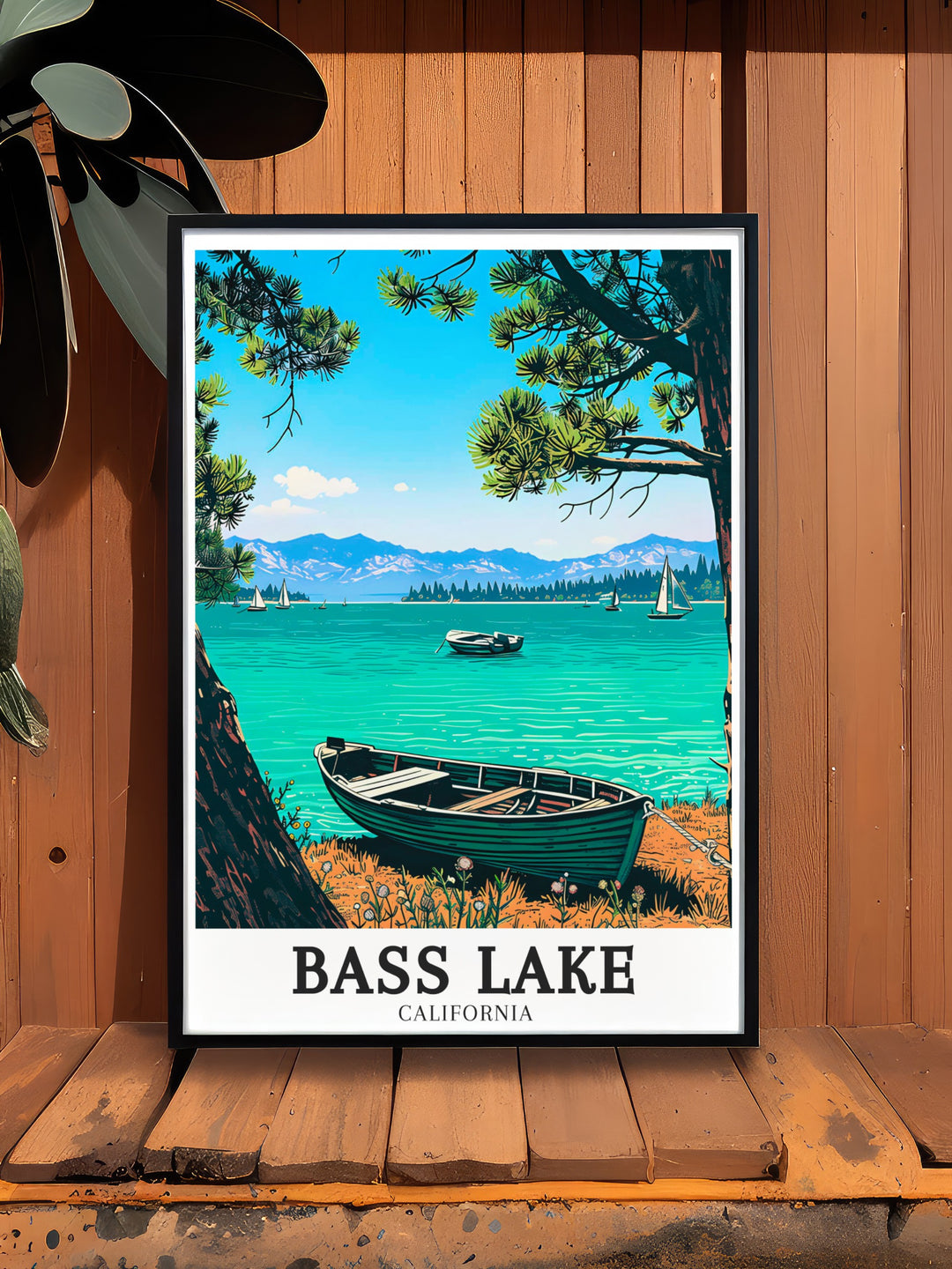 Vintage travel print featuring Bass Lake in the Sierra Nevada Mountains and Sierra National Forest perfect for those who want to bring the natural beauty of Yosemite California into their home decor.