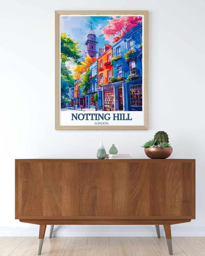 London travel print capturing the essence of Notting Hill Bookshop and St. Peters Church highlighting the colorful atmosphere of Portobello Market and Westbourne Grove perfect for enhancing your living room decor or gifting to fans of classic London scenery