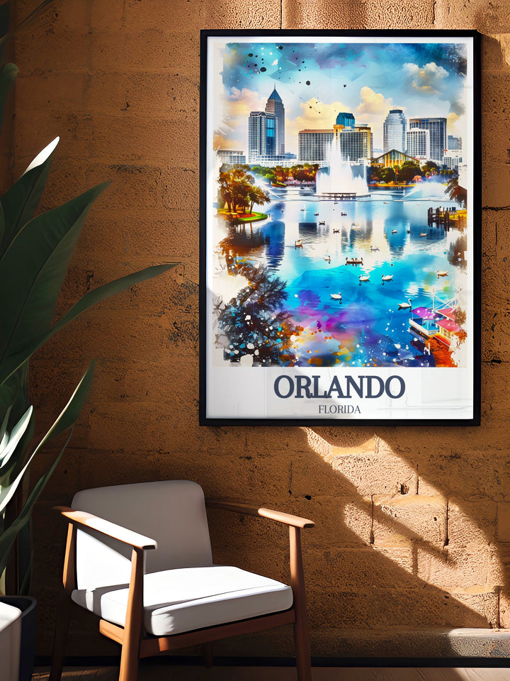 ICON Park vintage poster capturing the fun and excitement of Orlandos famous attractions, from the bustling entertainment hub to the striking Orlando Eye. The artwork offers a nostalgic yet modern take on this Florida favorite, perfect for personalized gifts or home décor inspired by travel.