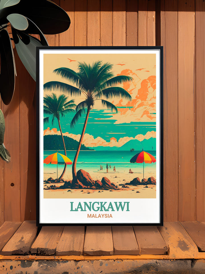 A captivating travel poster of Pantai Cenang in Langkawi, Malaysia, featuring the vibrant blue waters and white sandy beaches. This personalized gift or home poster is a timeless reminder of the natural beauty found in Langkawi, perfect for anyone who loves beach destinations and tropical landscapes.