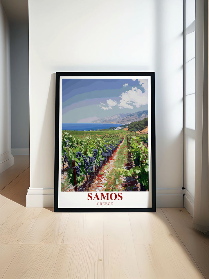 This travel print of Samos captures the essence of the islands vineyards, offering a view of the lush hills and sparkling seas that make this Greek island so special. Ideal for wine lovers and travelers alike, this artwork brings a piece of Samos into your home.