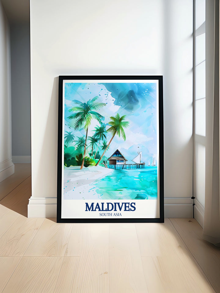 Hanifaru Bay Travel Poster featuring the stunning natural beauty of the Maldives. This travel poster highlights the vibrant colors and serene landscapes of the Indian Ocean, making it a perfect gift for those who love to explore tropical destinations.