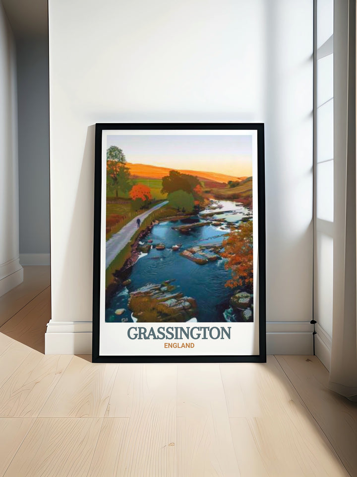 Our Wharfe View travel print brings the scenic beauty of the Yorkshire Dales into your home. The detailed artwork captures the soft greens and blues of the landscape, creating a calming and peaceful atmosphere in any space. This print is perfect for nature lovers and those who wish to bring the outdoors into their home decor.