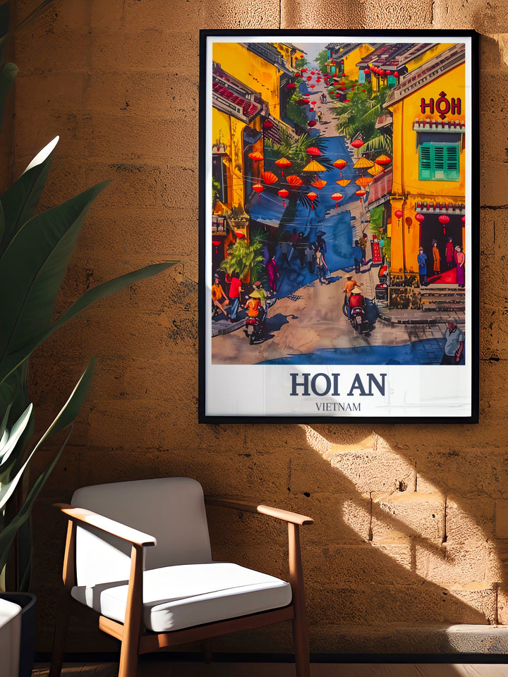 A detailed art print of Hoi An Ancient Town, showcasing the beauty and history of one of Vietnams most famous locations. Perfect for decorating your space with cultural flair or as a unique gift for travel lovers.