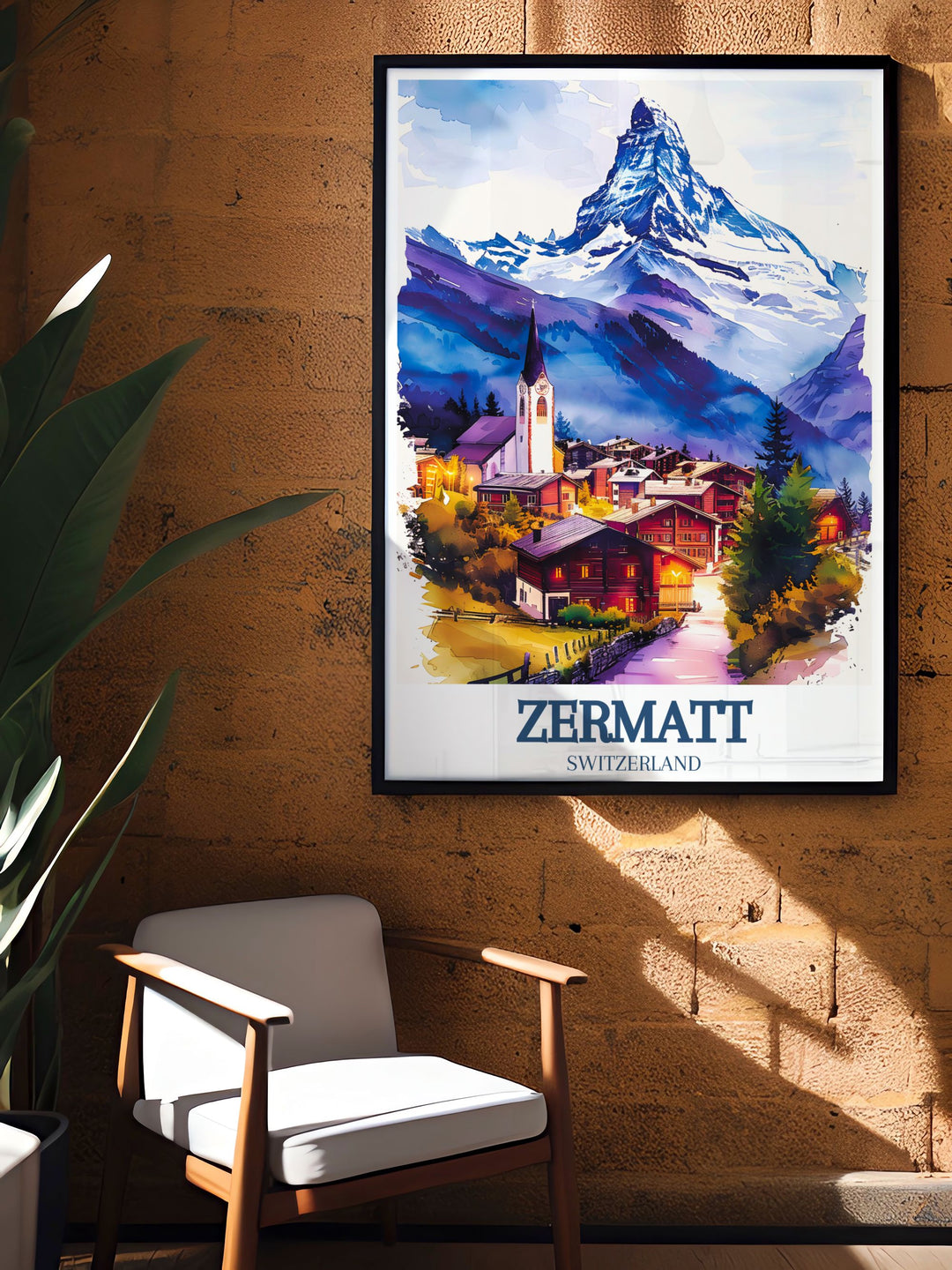 Gorgeous Zermatt Village St. Mauritius Church Matterhorn Skiing Travel Print capturing the thrill of alpine adventures in stunning artwork