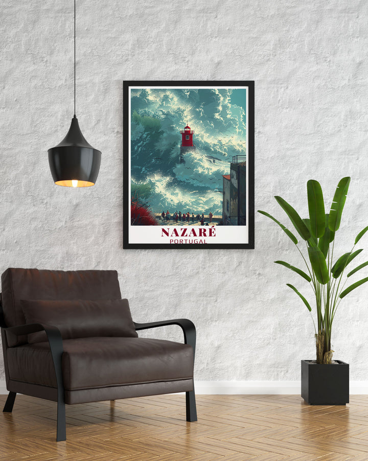 Eye catching Praia do Norte modern decor print showcasing the dynamic waves of Nazare Portugal ideal for living room decor adding a stunning focal point to your space