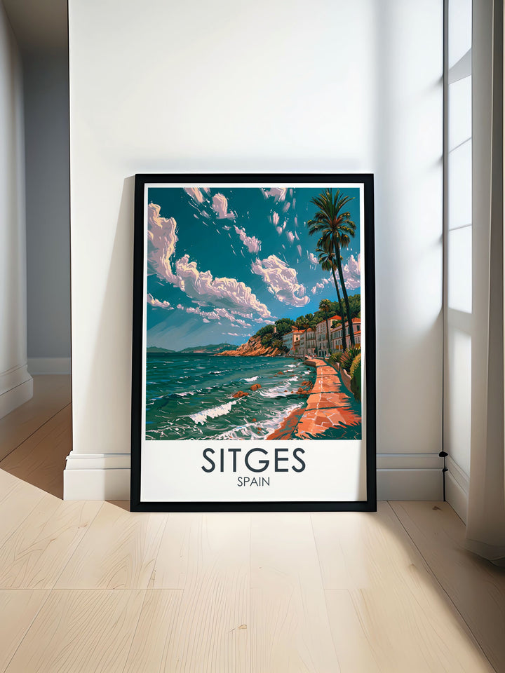 Bring the coastal charm of Sitges into your home with this detailed poster, highlighting the unique blend of history and seaside beauty in this enchanting Spanish town.
