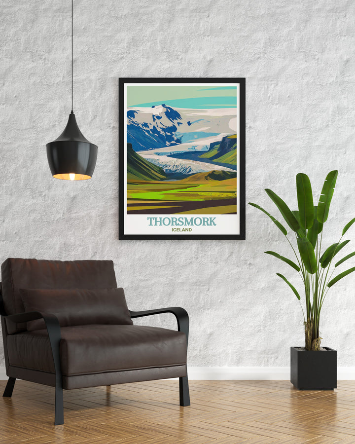 A serene view of Thorsmorks lush valleys framed by the distant Eyjafjallajökull Glacier. This print is a tribute to the natural beauty and power of Iceland.