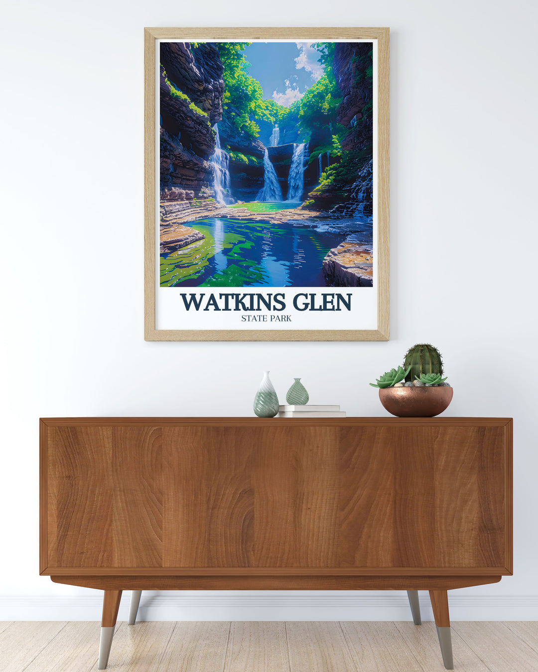 Evoke the natural splendor of New York with this vintage poster of Watkins Glen, featuring the parks majestic waterfalls and verdant surroundings, a beautiful addition to any art collection.
