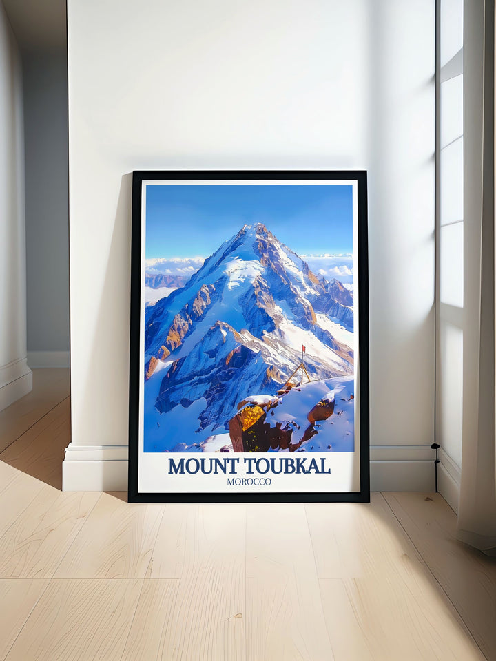 High Atlas mountains travel poster showcasing the breathtaking beauty of Moroccos highest peaks and lush valleys perfect for adding a touch of adventure to your home decor ideal for trekking enthusiasts and lovers of North African landscapes.