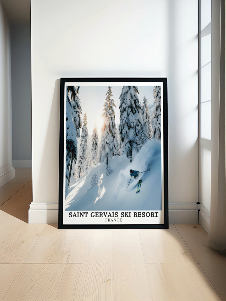 A detailed art print of Mont Blanc, as seen from the trails of Saint Gervais. This piece is perfect for adding a touch of elegance to any space, celebrating the majestic landscapes of one of the worlds most famous mountains.