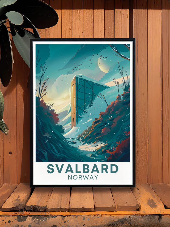 Elegant Svalbard Global Seed Vault wall art showcasing the architectural marvel in the serene beauty of Svalbard. Ideal for personalized gifts, this print enhances any living space.