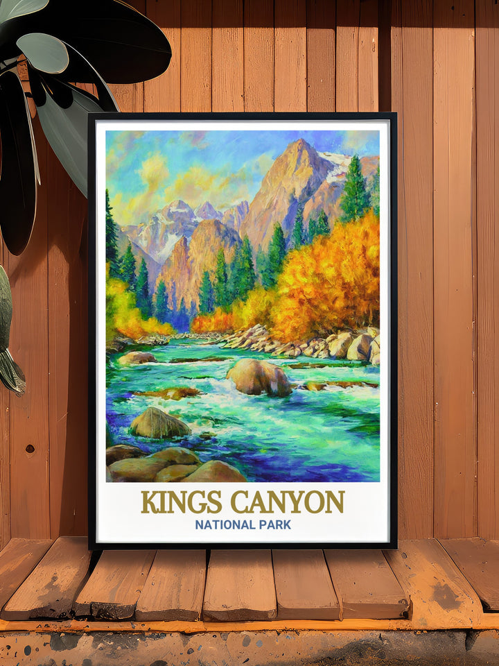 Kings River travel print capturing the essence of Kings Canyons scenic wonders. Perfect for outdoor enthusiasts, this poster brings the charm and grandeur of National Parks right into your living space, making it a must have for nature lovers.