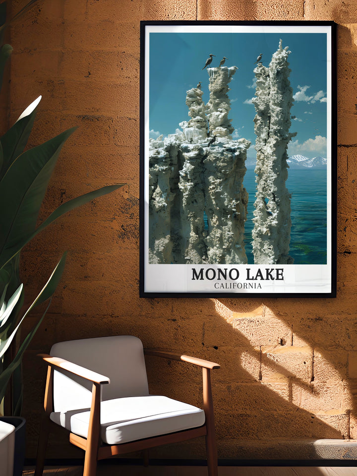 Modern Mono Lake Art featuring Tufa towers and Sierra Nevada Mountains captures the natural beauty of this California destination. Perfect for home or office decor this artwork adds an artistic touch to any room.