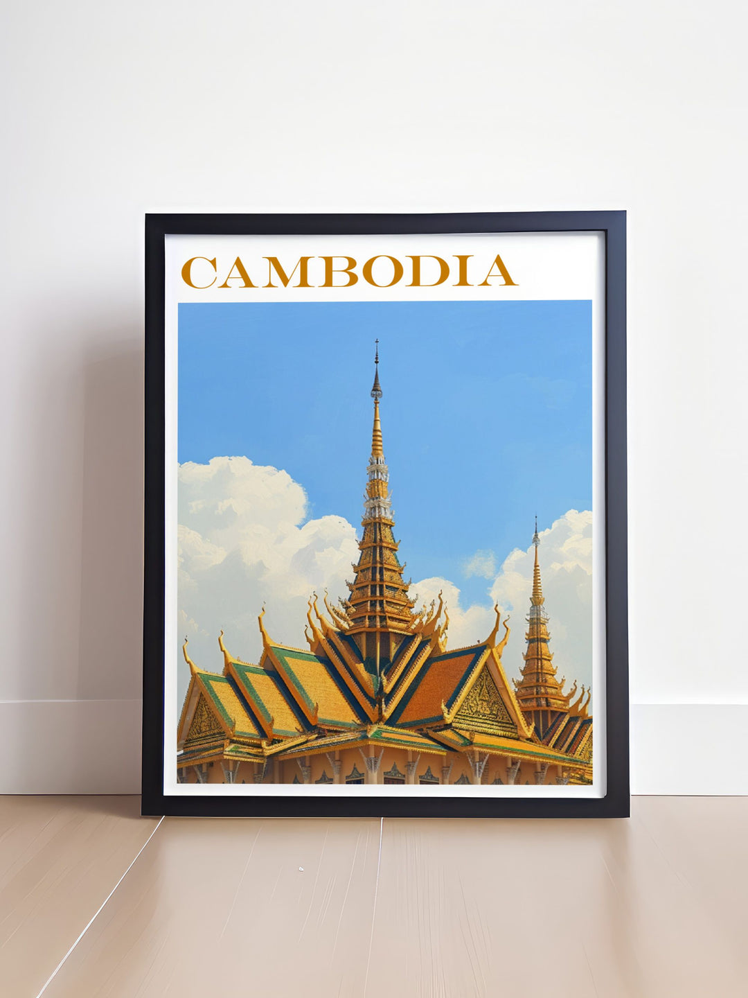 Elegant Royal Palace artwork in a vintage print style capturing the timeless beauty of Cambodias historic site ideal for wall art and home decor.