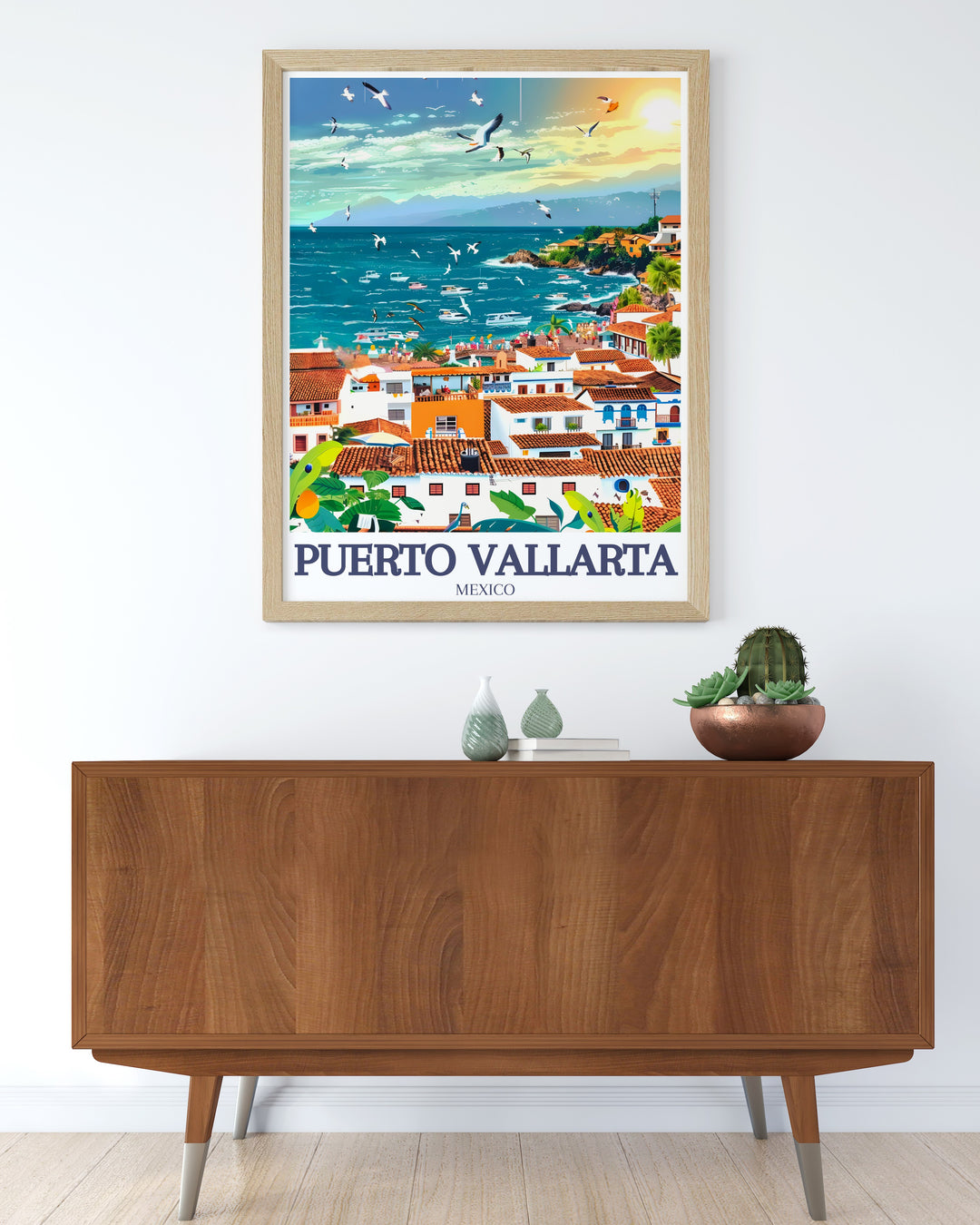 A beautiful minimalist poster highlighting Puerto Vallartas coastal beauty, including Banderas Bay and Puerto Vallarta beach. This travel art is perfect for gifts and adds a sleek, modern vibe to any home or office decor.