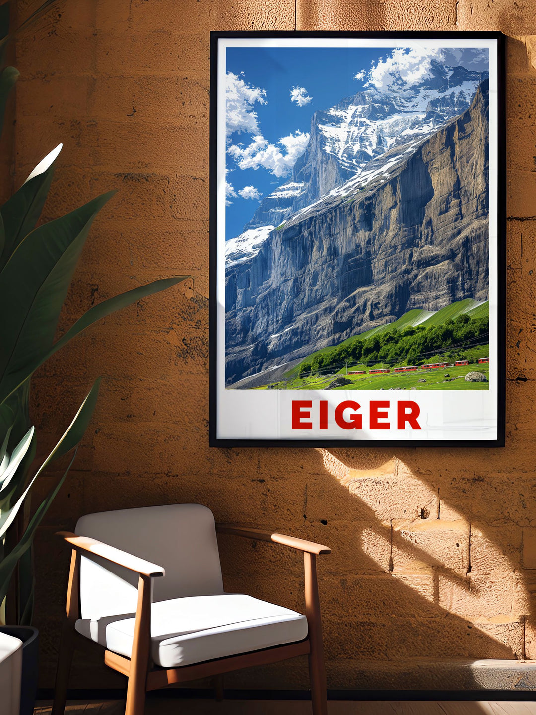 Eiger rock climbing poster depicting climbers tackling the challenging routes of the Eiger North Face a thrilling addition to any adventure enthusiasts wall art collection highlighting the rugged beauty of the Swiss Alps.