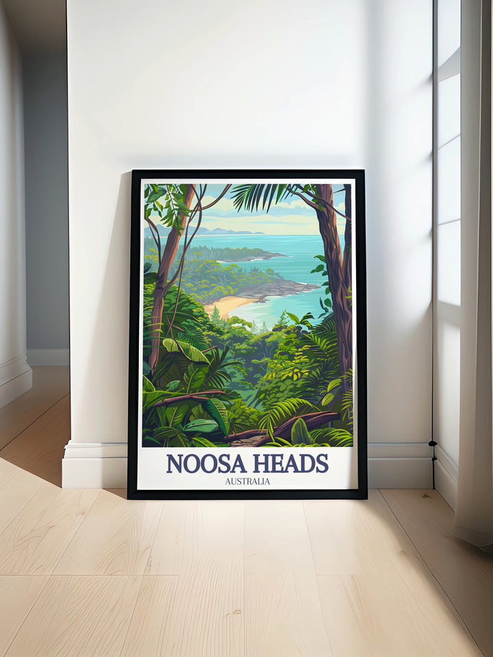 Noosa Heads Wall Art featuring a scenic view of the coastline, including the lush green landscape of Noosa National Park and the tranquil waters of Little Cove. This detailed artwork is perfect for those who appreciate the unique natural beauty of this popular Australian destination.