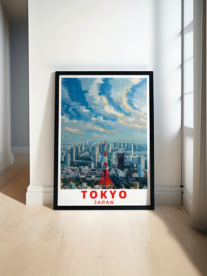 Featuring Tokyo Tower and the majestic Mount Fuji, this framed travel print showcases Japans blend of modernity and tradition. Ideal for those who love Japanese culture, this poster brings a piece of Tokyos skyline and the serene national parks into your home.