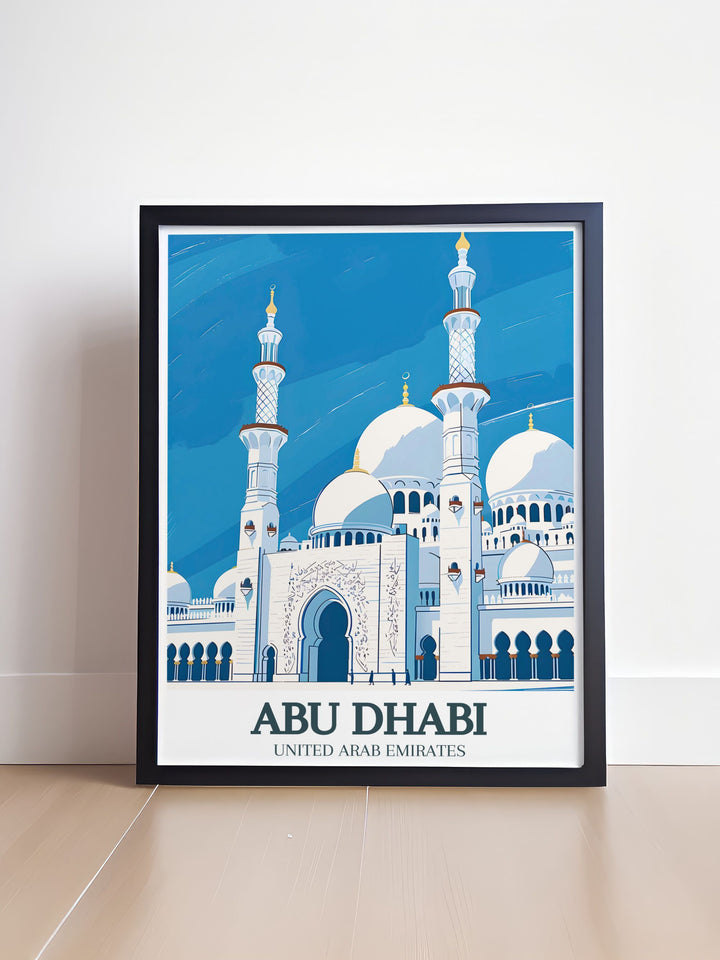 Elegant artwork of the Sheikh Zayed Grand Mosque, Al Rawdah in Abu Dhabi. This travel poster highlights the mosques impressive design and makes a striking statement in any room. A perfect piece for collectors of Emirates art.