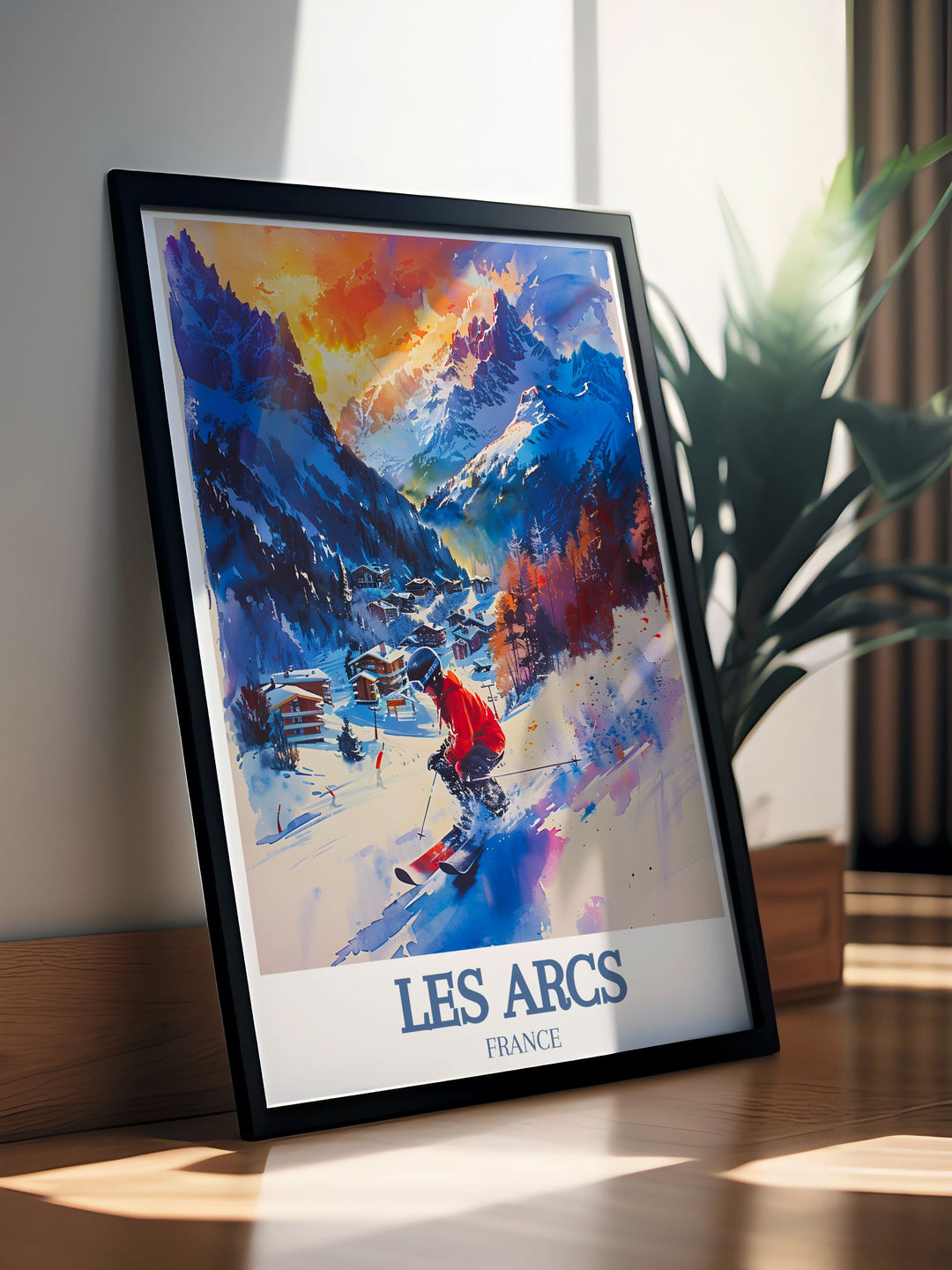 Snowboarding Art featuring Les Arcs in Paradiski ski area Mont Blanc with detailed illustrations of dynamic snowboarding scenes perfect for wall art and enhancing snowboard decor