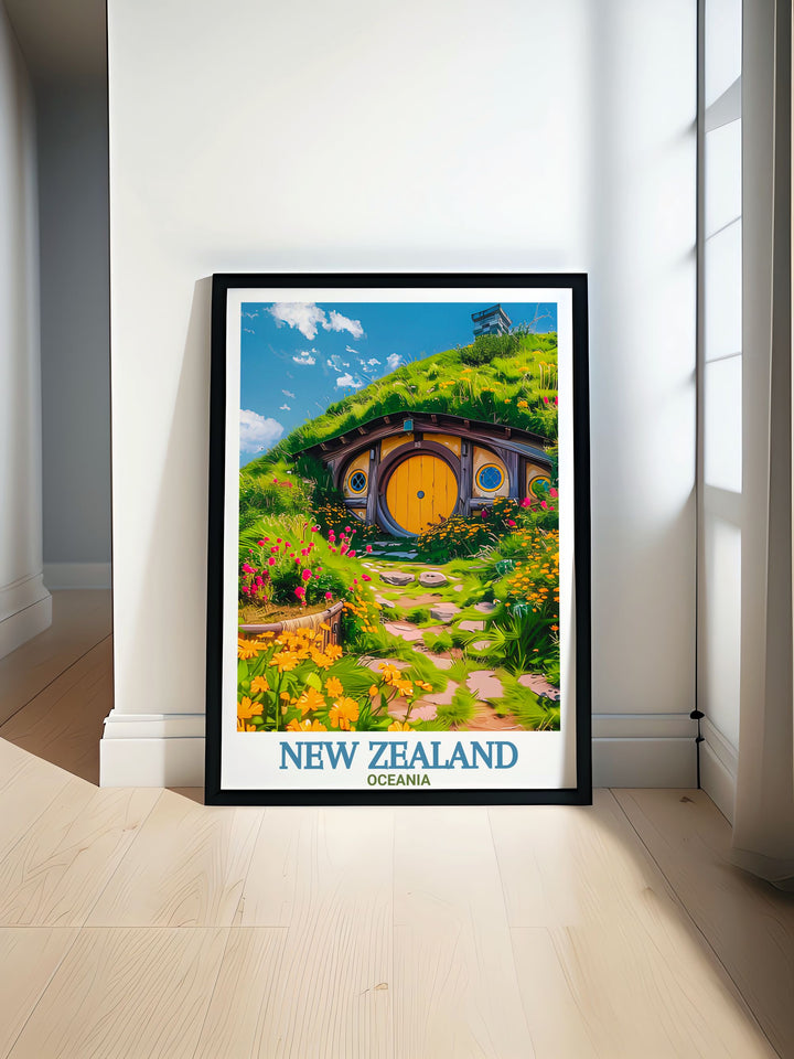 Beautiful New Zealand poster print featuring the iconic Akaroa Lighthouse and the Hobbiton Movie Set perfect for adding elegance to your home decor or as a thoughtful gift for fans of New Zealand travel and retro travel art with vibrant scenic imagery.