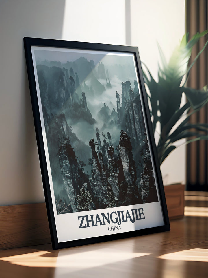 This vintage style poster of Tianzi Mountain in Zhangjiajie showcases the breathtaking peaks and valleys that have inspired countless travelers. The muted tones and classic design evoke a sense of nostalgia, making this a perfect addition to any space that embraces a love of nature and history. Perfect for those who cherish unique landscapes.