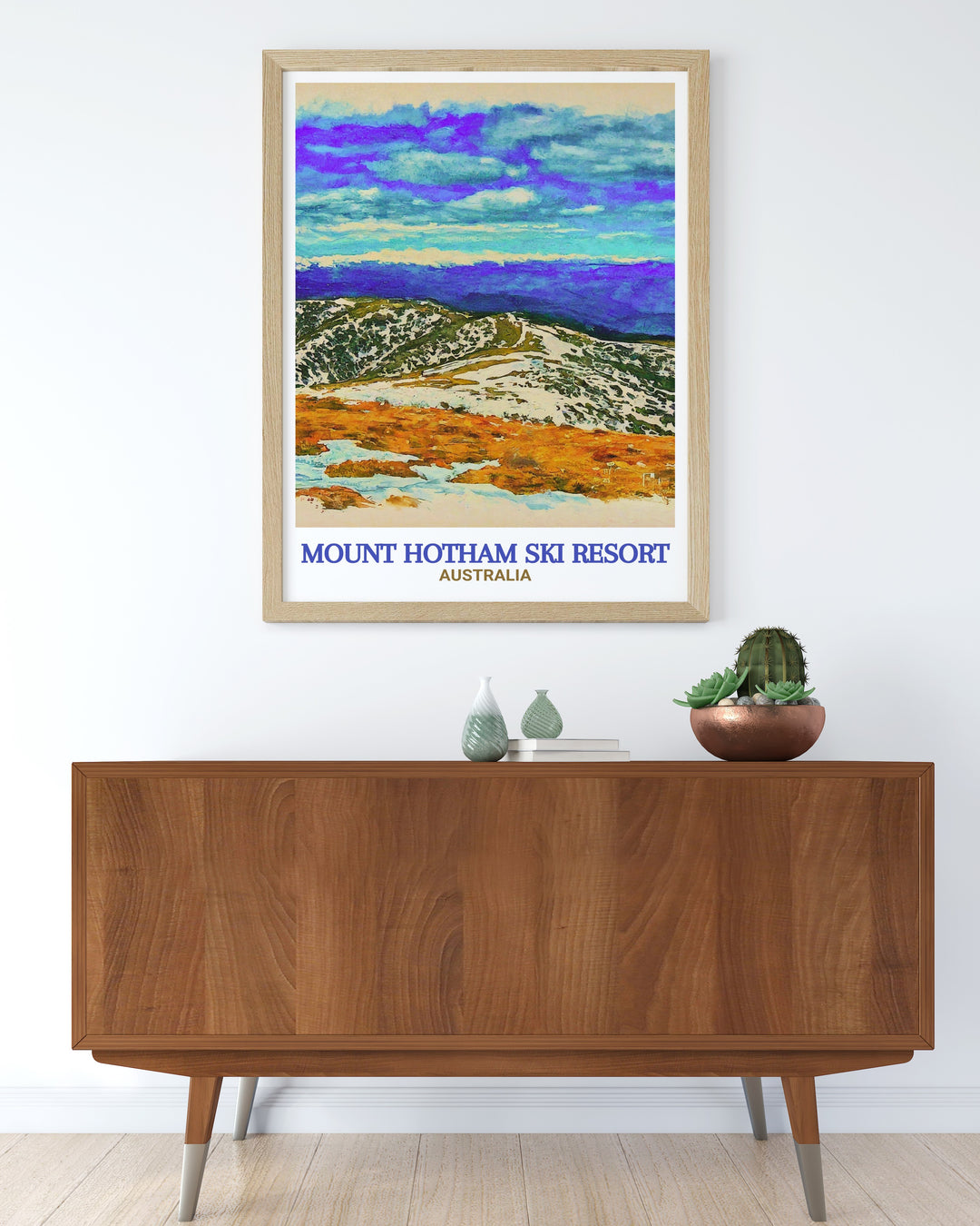 This Mount Hotham poster highlights the grandeur of the Great Dividing Range and the summit of Mount Hotham, offering a stunning view of Australias most famous ski resort. A perfect gift for any winter sports lover, it brings the beauty of the Australian Alps into your home.