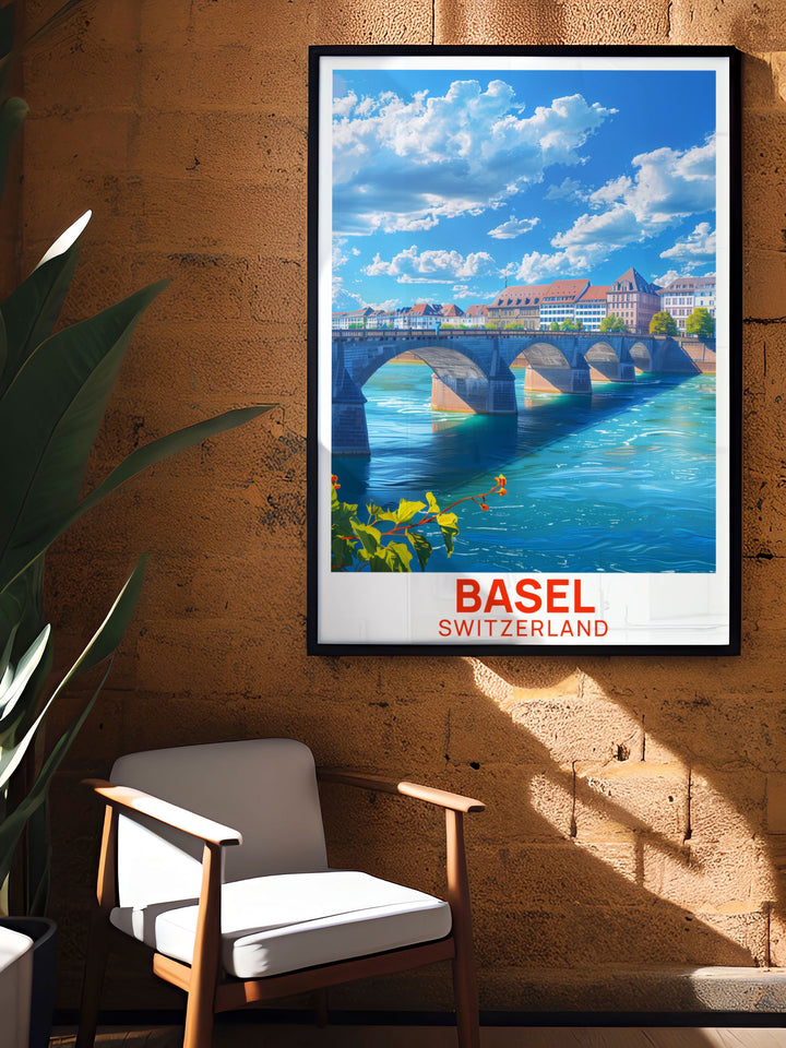 Switzerland wall art featuring Mittlere Brucke vibrant colors and intricate details capture the charm of this historic Basel bridge ideal for modern home decor a perfect gift for travelers and those who appreciate fine art and Swiss culture