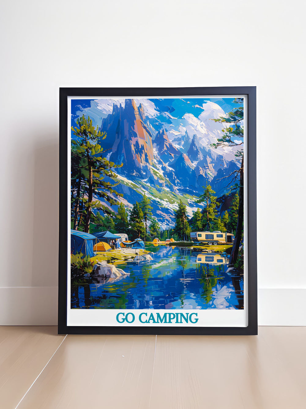 Travel art depicting a cozy camping spot by a mountain range, with a camper van and expansive views, perfect for nature enthusiasts and those who cherish outdoor adventures.