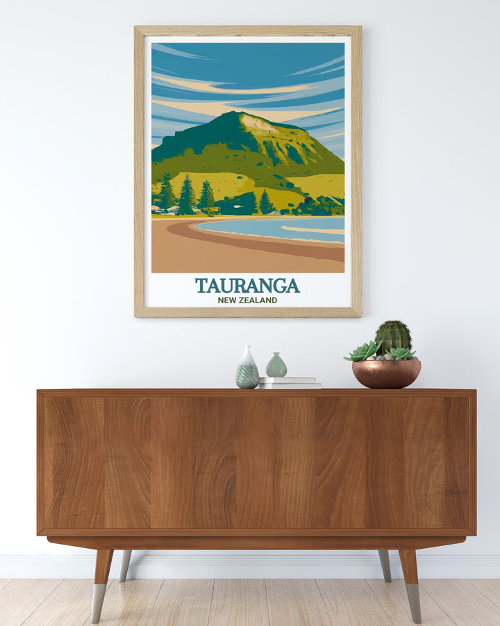 Framed New Zealand art of Mount Maunganui perfect for enhancing your home decor with the majestic presence and serene vistas of Tauranga