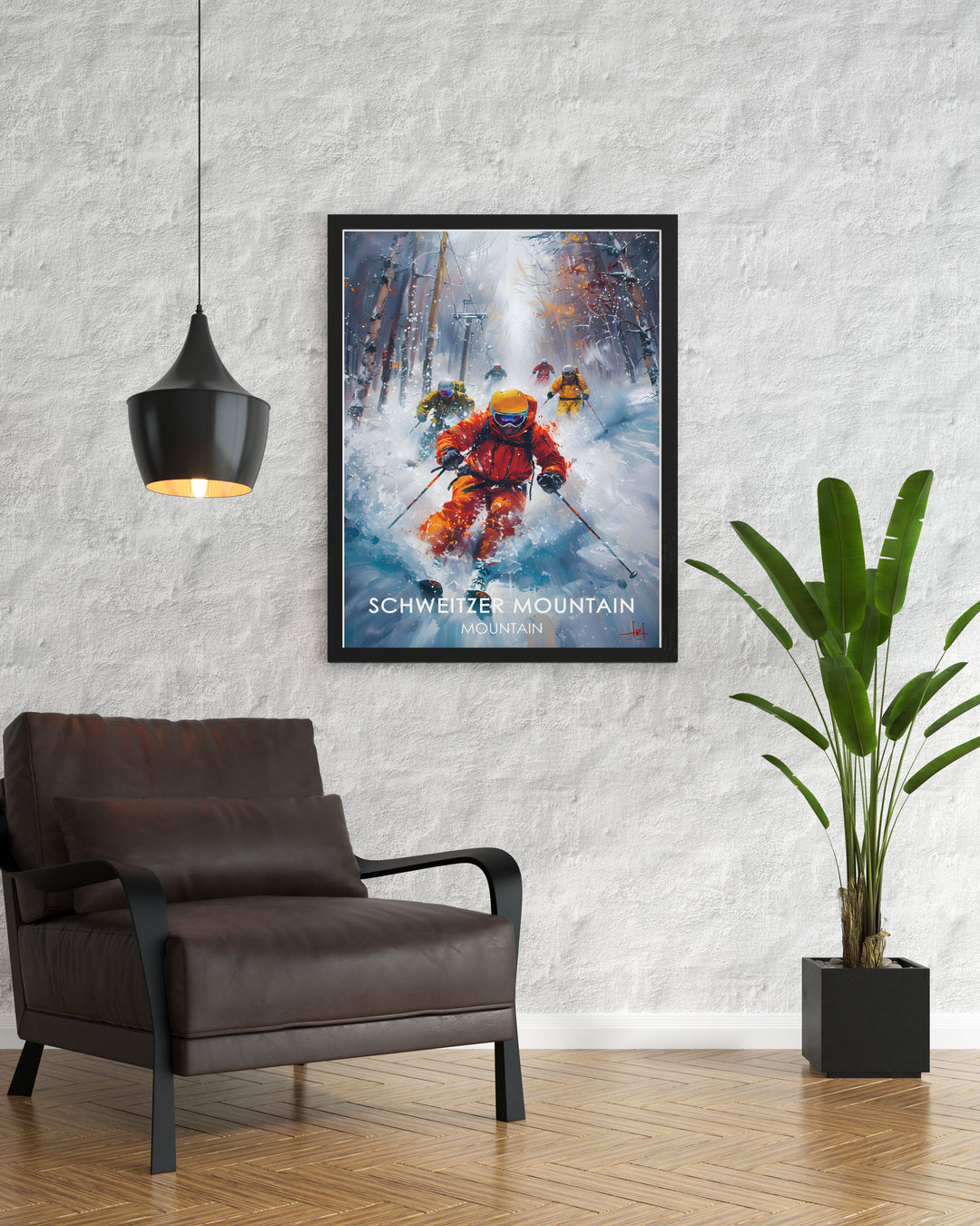Detailed vintage poster of Schweitzer Mountain ski resort, showcasing the thrilling slopes and snow covered landscape, perfect for winter sports enthusiasts and vintage decor.