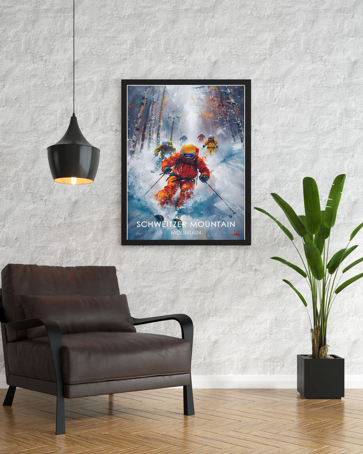 For lovers of winter sports, this vintage style Schweitzer Mountain Ski Poster captures the nostalgia of classic skiing. Showcasing the mountains summit and the thrill of the ski runs, this poster is a perfect fit for a ski lodge or adventure themed decor.