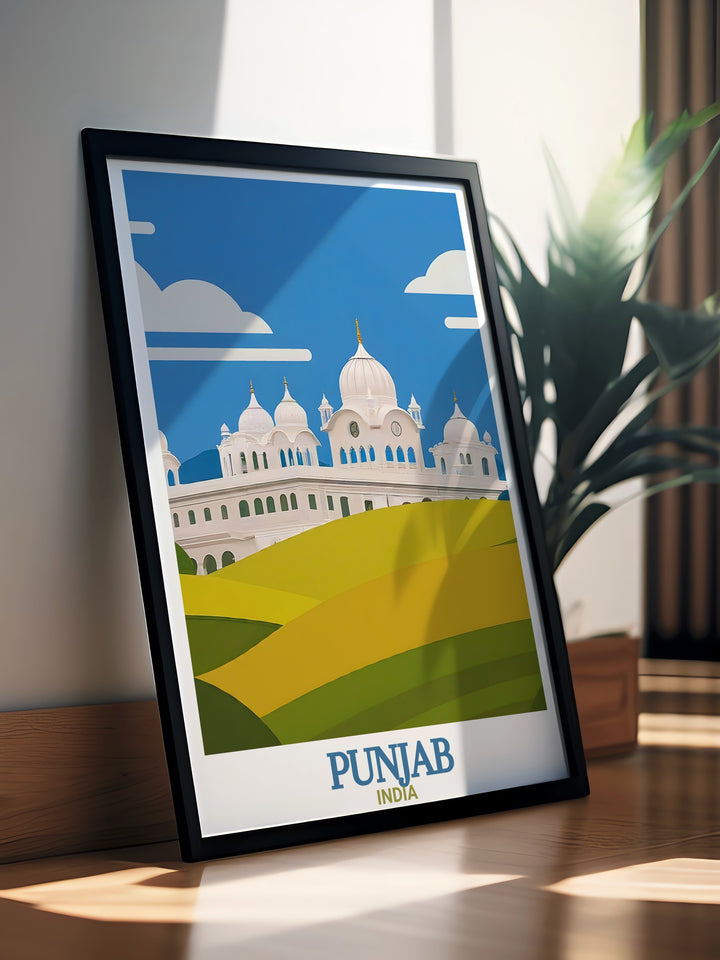 Capture the essence of Punjab with this travel poster print featuring Anandpur Sahib, one of Indias most historical sites. This art print is perfect for home decor or a thoughtful gift for travelers.