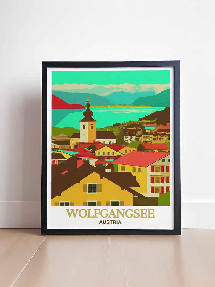 St. Gilgen decor print highlighting the historic charm and natural beauty. This illustration captures the essence of Austrias charming villages, making it a wonderful addition to any art collection. Ideal for those who love travel and nature inspired decor.