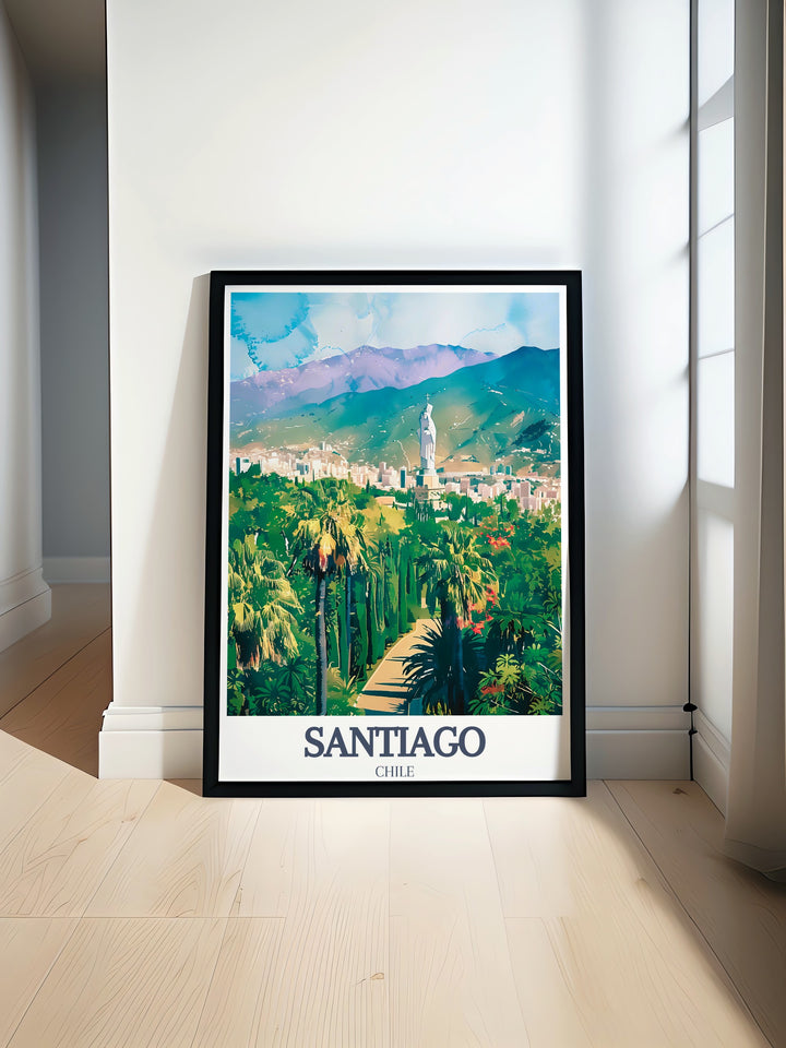 Beautiful Santiago wall art featuring Cerro San Cristobal and the Statue of the Virgin Mary This Spain travel print is perfect for adding elegance and history to any room An ideal Spain decor choice for those who love Spanish culture and iconic landmarks