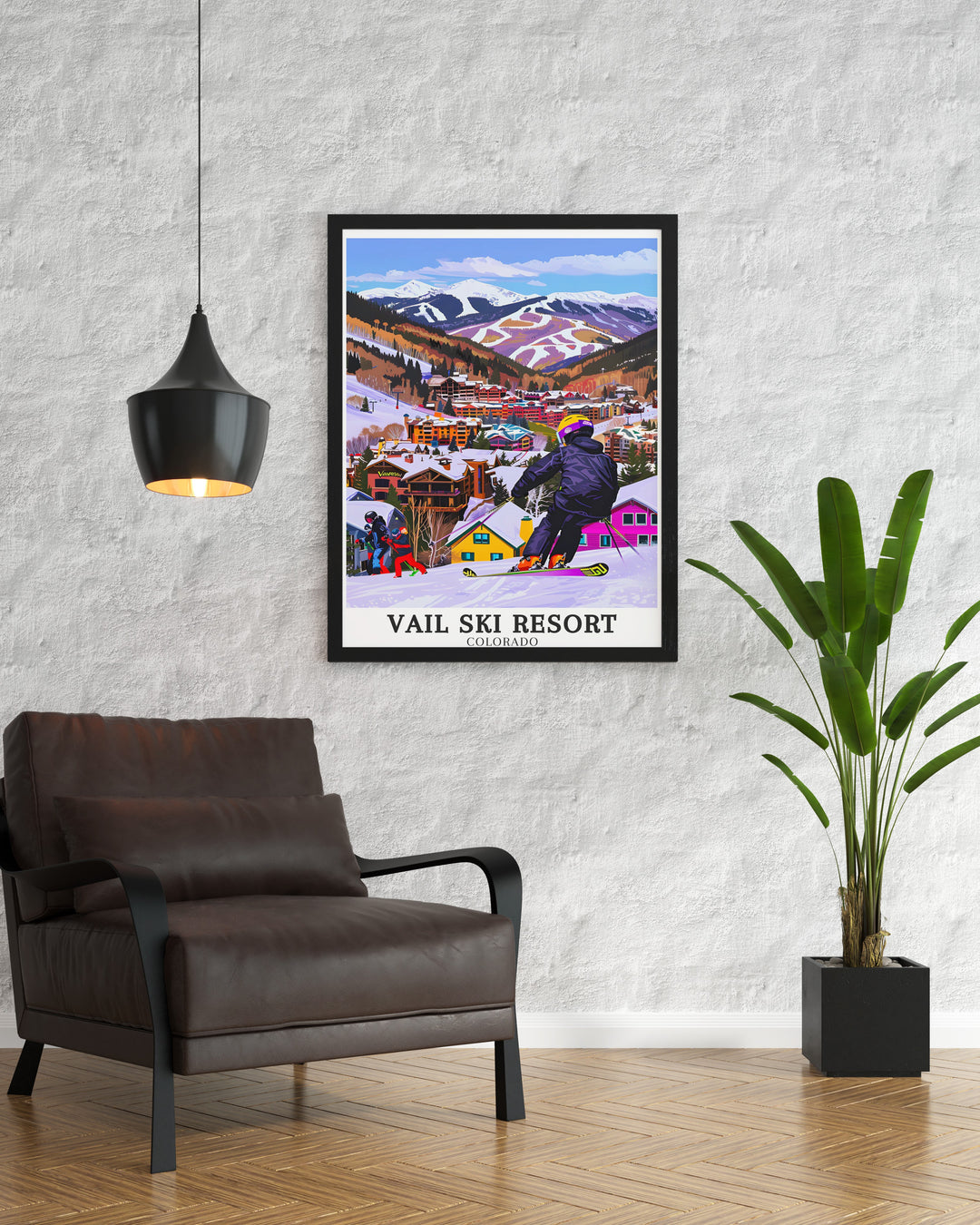 This vibrant Vail Ski Resort poster print captures the energy of one of Colorados most famous ski destinations. Showcasing Golden Peak Terrain Park and the grandeur of Vail Mountain, this artwork is perfect for ski enthusiasts or anyone who loves the beauty of the Rockies. A great addition to any home decor.