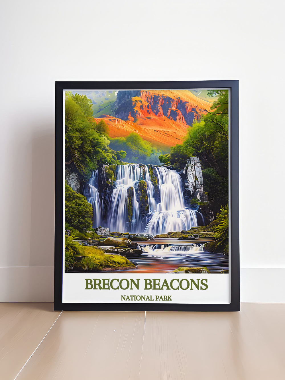 Beautifully framed art piece featuring Brecon Beacons Falls, highlighting the lush greenery and tranquil atmosphere of this iconic location in South Wales. Ideal for creating a peaceful and inspiring focal point in any room.