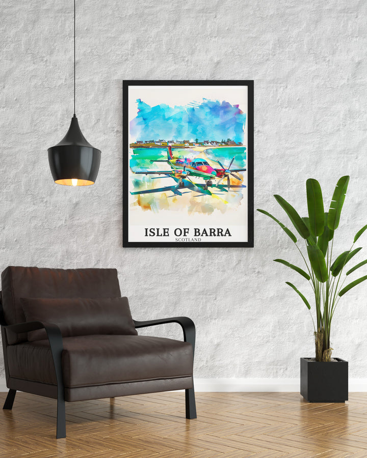 Featuring Traigh Mhor Beach and its sandy runway, this Isle of Barra travel print is a beautiful celebration of Scotlands Outer Hebrides. This wall art brings the essence of coastal Scotland into your living space, making it a perfect choice for those who love beach destinations and unique travel experiences.