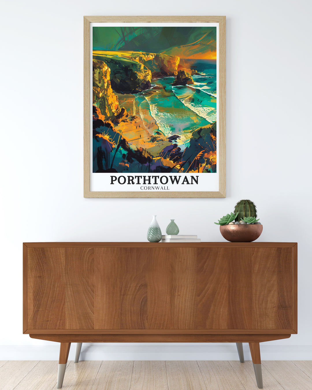 Beautiful Cornwall travel art depicting the expansive Porthtowan Beach and the powerful waves of the North Sea. The print brings the rugged charm and natural beauty of this Cornish destination into your living space, making it a timeless addition to any home decor