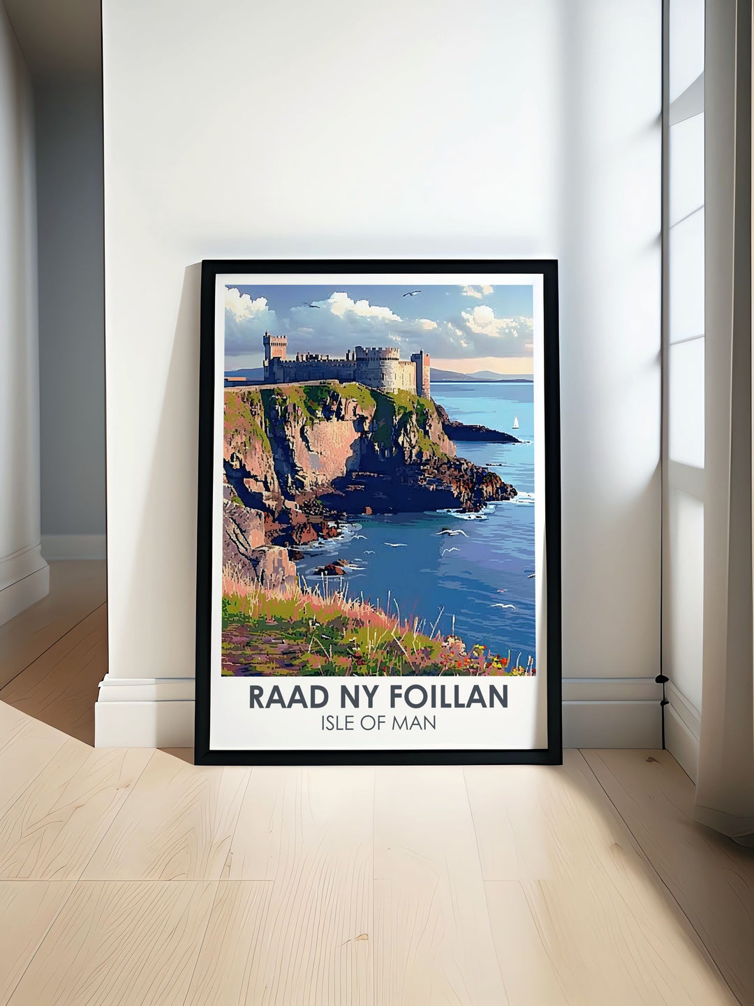 Peel Castle Modern prints featuring detailed artwork of the Isle of Mans historical sites and scenic landscapes including Douglas Harbour and Raad Ny Foillan Hike ideal for elegant home decor and stylish living room accents